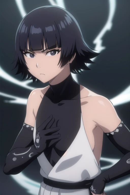 soifon, soifon, short hair, bangs, black hair, short hair with long locks, (black eyes:1.6), (small breasts:1.2), gloves, bare shoulders, japanese clothes, elbow gloves, hakama, black hakama, outdoors, looking at viewer, (masterpiece:1.2), best quality, high resolution, unity 8k wallpaper, (illustration:0.8), (beautiful detailed eyes:1.6), extremely detailed face, perfect lighting, extremely detailed CG, (perfect hands, perfect anatomy),