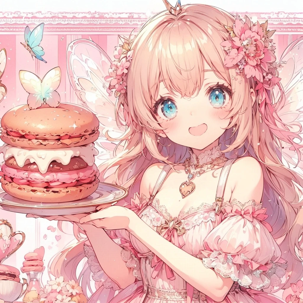 (Exquisite, beautiful, Very detailed, masterpiece, High resolution,high quality,High resolution),(Well-formed face,Soft and thin lines: 1.2, beautiful, Delicate and vivid illustrations with a mature and clear feel), In the background, there are delicious looking macaroons and a large amount of liquid whipped cream flowing, with a fairy smiling happily.,A fairy with beautiful fairy wings growing from her back, a macaron motif, a corset with lace, frills and ribbons, a pastel pink base with white and black, a frilly dress with an open neckline and knee-high socks.,She is wearing a tiara, necklace, earrings, bracelets, and long leather boots.,(There are delicious looking macarons in the background.),(A fair-skinned, short-browed, pale pink cheeks, plump pink lips, beautiful eyes, and a rather large, fluffy bust. A good-looking fairy.),Vivid colors, striking colors and dynamic angles,Dream Cute,