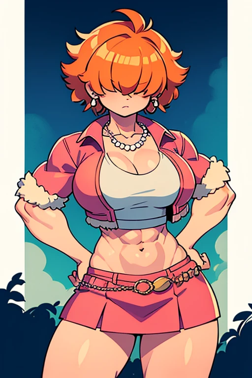 ,High quality,Female ,((,hair covering eyes,fluffy hair,short hair,serious)),(muscular,breasts),solo,orange hair,toned,Earrings,Curvy legs,2 arms,pearl necklace,denim jacket,pink skirt,side park,night,