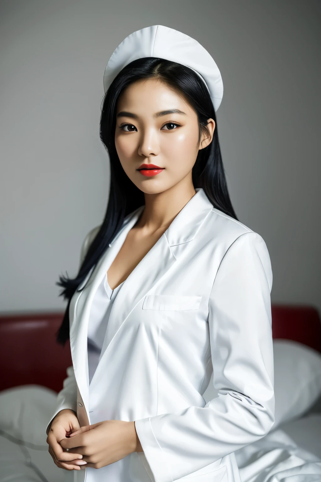 (Ultra HD, High Quality, Realistic: 1.5), Masterpiece: 1.2), A captivating, close-up image of a young Asian woman, age 25, with long, sleek black hair, lying comfortably in a hospital bed. She wears a pristine white blazer, a pop of bold, fiery red lips contrasting against the sterile white of her surroundings. The nurse's attire exudes a sense of professionalism and care, the blazer's crisp folds adding to the high-quality, detail-oriented composition of the photograph. A delicate, almost ethereal silkworm lies gently on her palm,