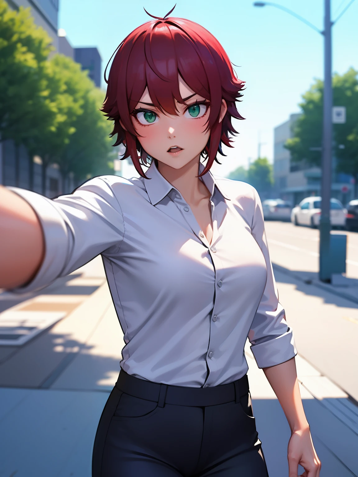 8k, best quality, masterpiece, ultra-detailed,1girl,solo, green eyes, throwing bomb,short hair, eyes,red hair,white shirt,white shirt,Long-sleeved shirt,black trousers,ultra detail, ultra HD