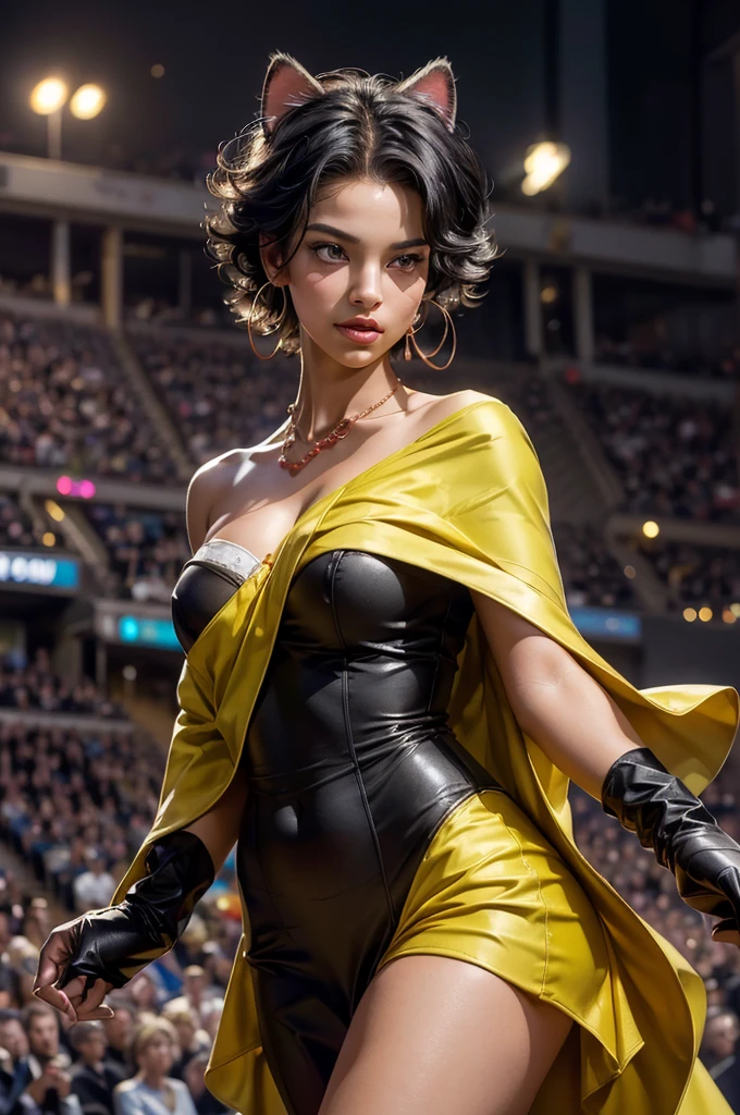 (masterpiece,stunning girlfriend, (standing:1.1), dynamic pose, heart shaped face, elegant face, beautiful face, highly detailed face, highly detailed skin, skin pores, subsurface scattering, realistic pupils, looking at viewer, full lips, detailed background, depth of field, atmospheric perspective, volumetric lighting, sharp focus, realistic proportions, good anatomy, (realistic, hyperrealistic:1.4), 16k hdr,  highres,absurdres ,best quality,original,extremely detailed CG,extremely detailed wallpaper,perfect lighting,looking at viewer,bare hands,1girl, SiennaKhan,short hair,black hair,animal ears,yellow eyes,cat ears,dark skin,dark-skinned female,gloves,jewelry,earrings,cape,facial mark,cleavage cutout,hoop earrings, standing, night, stars,  arena, audience, crowd, looking at viewer,