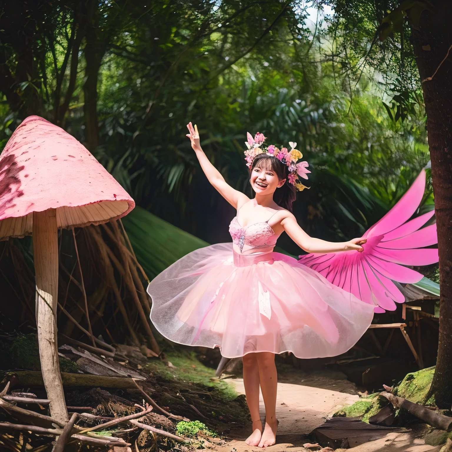 Fairy with pink wings emerging from a mushroom-shaped hut