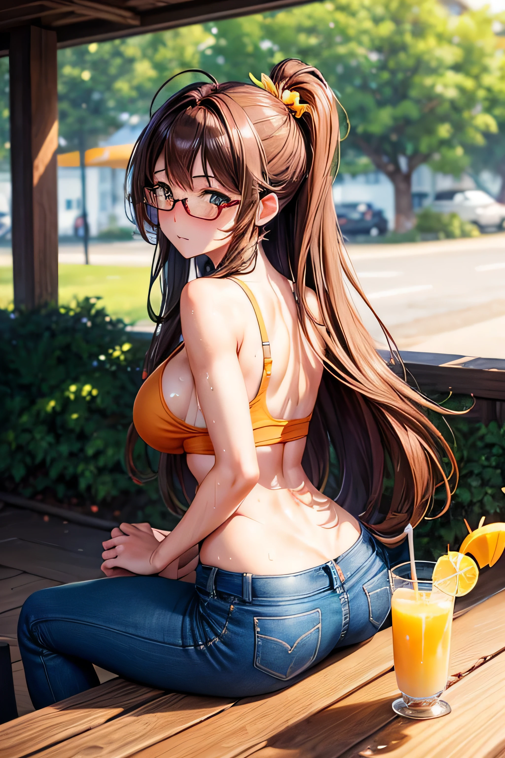 (Very detailed, 最high quality, Anatomically perfect body),High resolution, high quality, One girl, Anime Girls,Brown long hair, Brown eyes, Green glasses,heart shaped pupils,Sunburned skin, Large Breasts,beautiful breasts,pointy breasts,(Big Ass),beautiful ass,Embarrassed,Tank Top,jeans,Back Pose,lower body,sweat,wet,sitting,open legs,cherryblossom,at cafe,(lemon juice),(orange juice),(Pineapple juice),(Mango juice),(water),