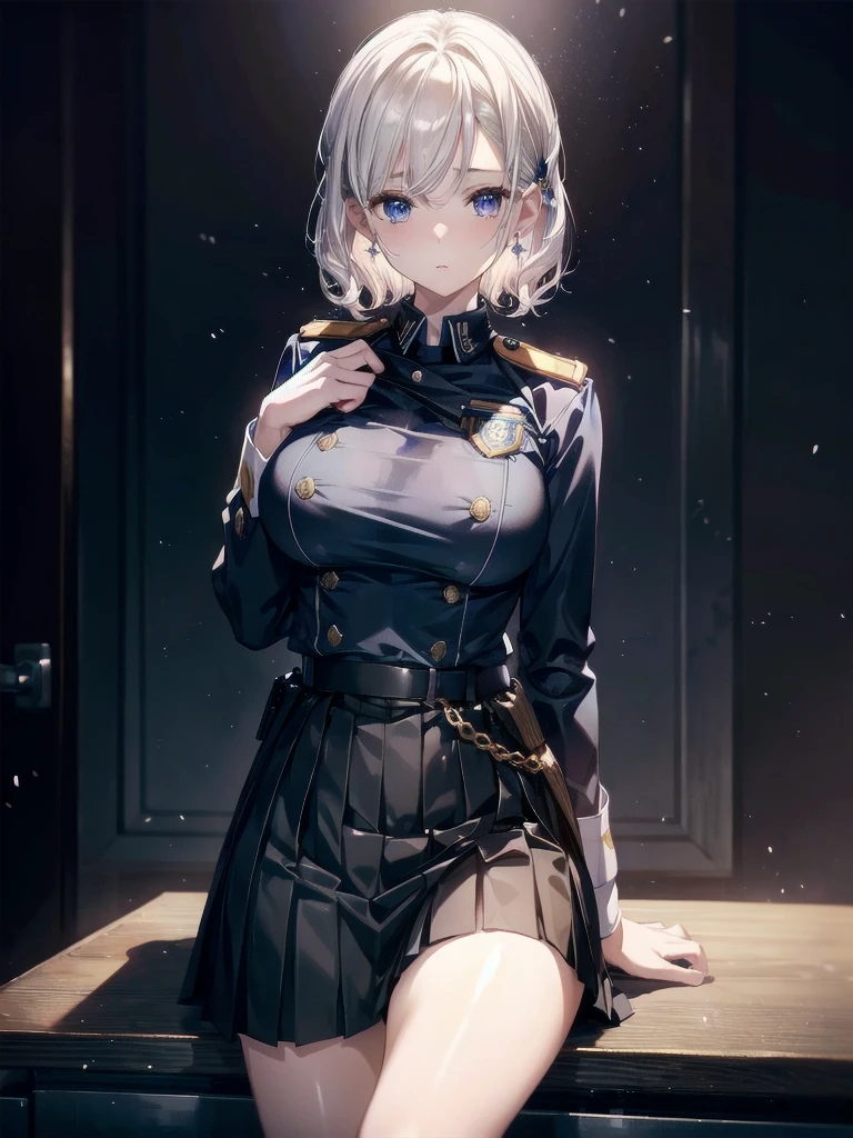 police officer uniform, skirt, absurdres, RAW photo, extremely delicate and beautiful, masterpiece, Best Quality, ultra high resolution, 32k, hyperrealistic, ultra-detailed, detailed description, pale skin, 20 years old, tearful mole, earring, big tits, short medium hair, wavy hair, whole body shot,