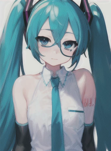 masterpiece, hatsune miku, white shirt, blue necktie, bare shoulders, detached sleeves,