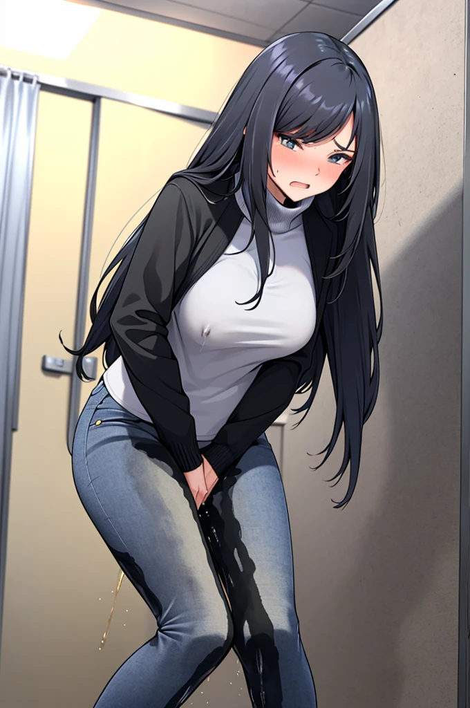 A woman with very long black hair, (very long hair:1.25) and (long bangs:1.5), wearing a stylish wool turtleneck sweater with jeans, long sleeves, (low-rise jeans:1.25), (low-cut jeans:1.25), standing. The artwork is inspired by manga and incorporates a doujin style. The woman appears to be (wetting herself:1.5), which causes her to feel embarrassed and humiliated, resulting in a blush on her face. In addition, there is an air of anger in her expression. The lighting in the scene is moody, with a spotlight highlighting the woman's figure, She has a very large pee stain that covers almost the entire front of her jeans., large breasts, skinny