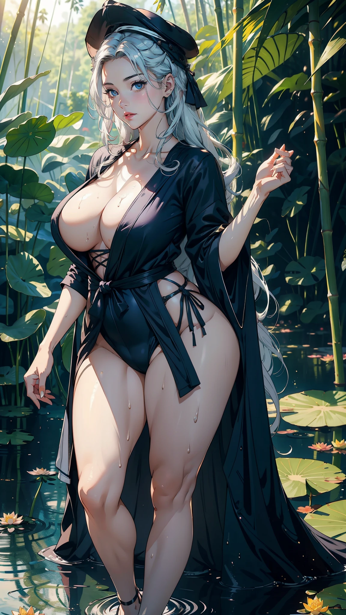 1female，35yo，MILF，long leges，Big breasts Thin waist，curvy, Wide hips，huge-breasted ，Pornographic exposure， solo，（Background with：bamboo forrest，lotuses，lotus flower，exteriors，Lotus pond） She has short silver-white hair，standing on your feet，Sweat profusely，drenched all over the body，seen from the front， hair straight， mostly cloudy sky，（（（tmasterpiece），（Very detailed CG unity 8K wallpaper），best qualtiy，cinmatic lighting，detailed back ground，beatiful detailed eyes，Bright pupils，Black eyes，（Very fine and beautiful），（Beautiful and detailed eye description），ultra - detailed，tmasterpiece，）），facing at camera，A high resolution，ultra - detailed），revealing breasts，Bare genitalia，  Bulge，legs are open，Raised sexy，Camel toes，Flushed complexion，Open-mouthed，frontage，high school senior，Sailor's cap（Wearing jumpsuit pajamas）Full body photo，Show shoes