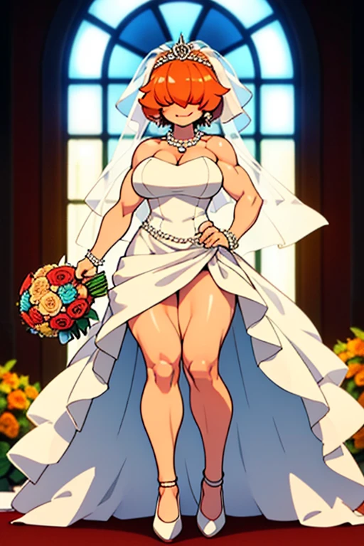  ,High quality,Female ,((,hair covering eyes,fluffy hair,short hair,smile theet)),(muscular,breasts),solo,orange hair,toned,Earrings,Curvy legs,2 arms,pearl necklace,Wedding dress,Veil,Church,showing leg,Holds a bouquet of flowers