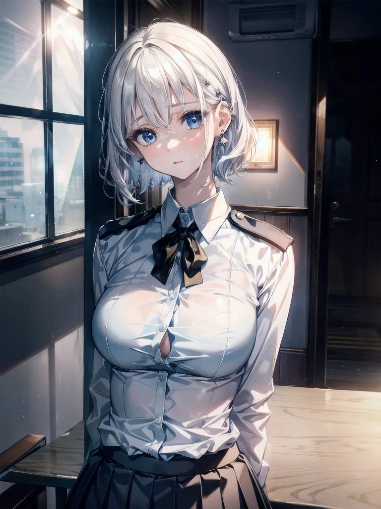 police officer uniform, skirt, collared shirt, absurdres, RAW photo, extremely delicate and beautiful, masterpiece, Best Quality, ultra high resolution, 32k, hyperrealistic, ultra-detailed, detailed description, pale skin, 20 years old, tearful mole, earring, big tits, short medium hair, wavy hair, whole body shot,