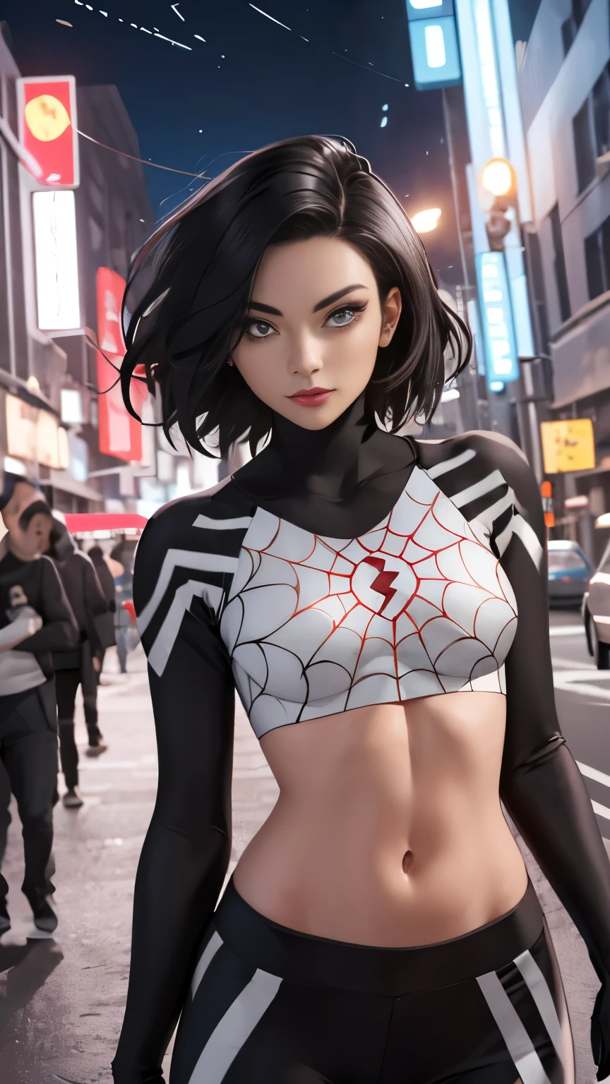 (Highly quality, masterpiece, detailed), Night city detailed scenario, night city detailed background, 20 years old girl, black hair, 1girl, CindyMoon, cindymoon, short hair, Black top, white top, black botton, white bottom, spider web print, Crop top, Gloves, Abdomen, Expressionless, Navel, beautiful eyes, perfect eyes, looking at the viewer, Sexy pose