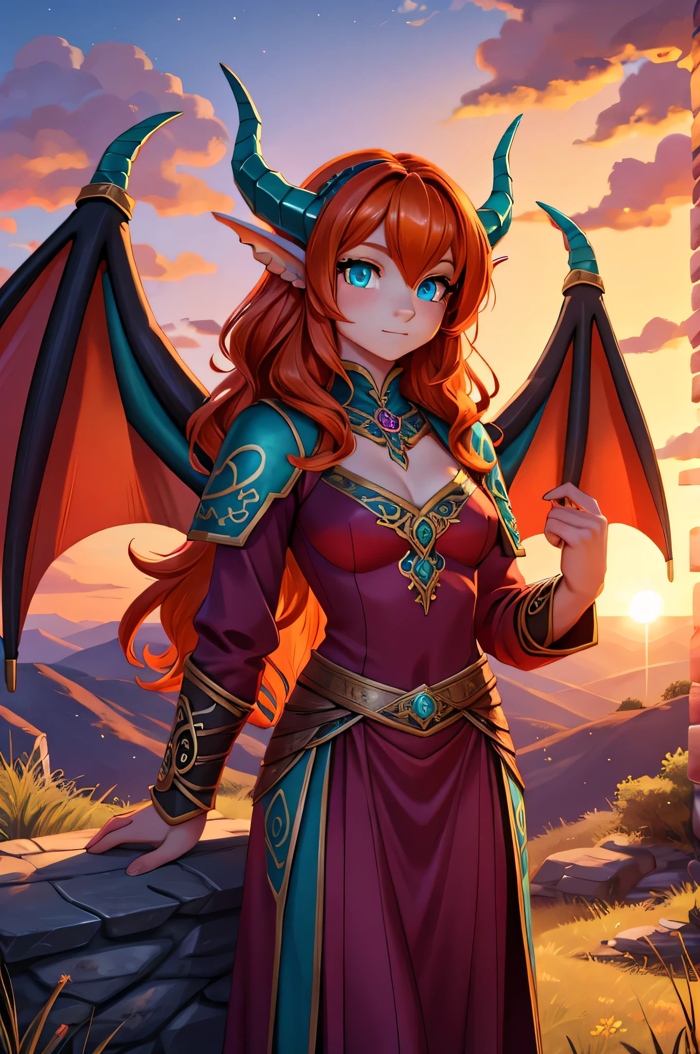 fantasy style art, ultra-realistic, realism, beautiful Celtic dragon girl, European girl, long wavy bright orange hair, bright teal eyes, sparkling teal eyes looking at viewer, shapely body, skinny body, healthy body, purple and red warrior outfit, red clothes, 2 large orange dragon wings, orange dragon horns, on a hillside, sunset, high quality digital art, 2k, professional illustration