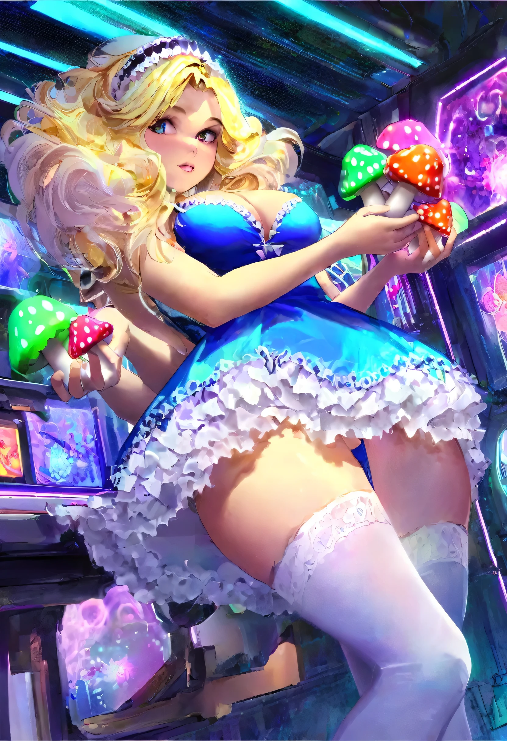 a beautiful 20 year old blonde woman with big messy hair in a blue dress, white stockings, black headband, cleavage, holding a glowing mushroom, fantasy art style, rossdraws cartoon vibrant, alice in wonderland cyberpunk, cute detailed digital art, colorfull digital fantasy art, digital fantasy art ), glossy digital painting, rossdraws pastel vibrant, rossdraws 2. 5, rossdraws 1. 0