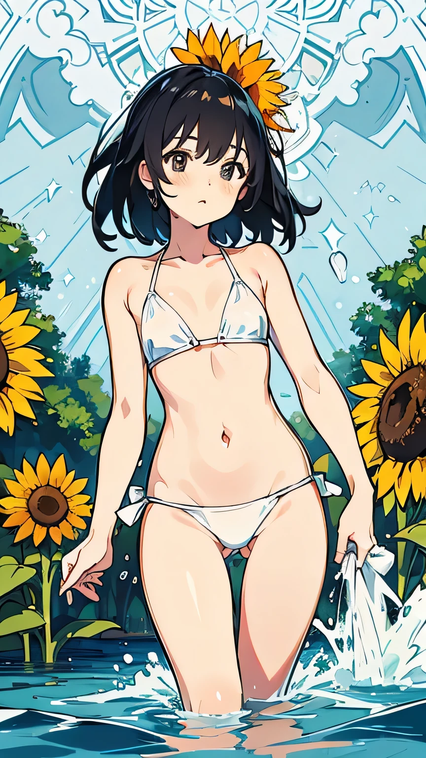 Best image quality,1People Girl,cute,Shiny Hair,black eye,Shining Eyes,,sunflower,stream,Water Play,Wet,girl,small,small breast,White Bikini,Too much exposure,View from below,Navel Fashion,distinct,Thin waist and legs,Know the shape of your vagina,