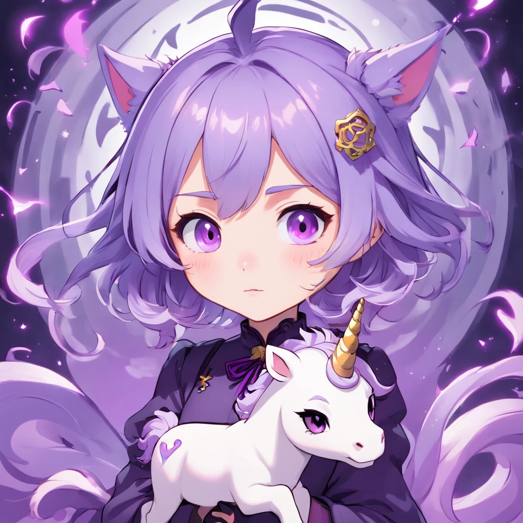 Anime female, pale skin, chibi character, purple and white hair, pastel color theme gothic undead background, magic purple swirls, pet unicorn, full body, 3D Image