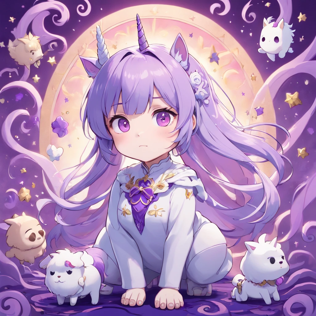 Anime female, pale skin, chibi character, purple and white hair, pastel color theme gothic undead background, magic purple swirls, pet unicorn, full body, 3D Image 