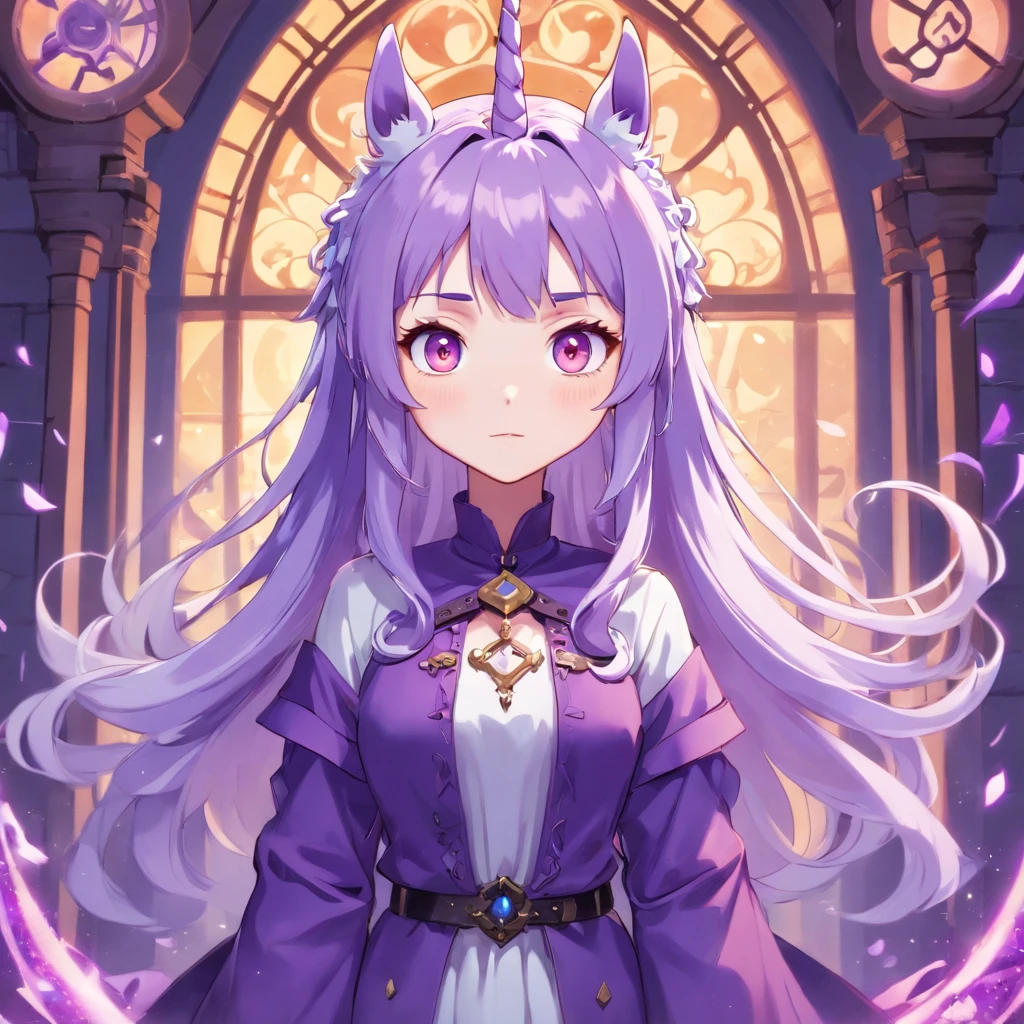 Anime female, pale skin, chibi character, purple and white hair, pastel color theme gothic undead background, magic purple swirls, pet unicorn, full body, 3D Image