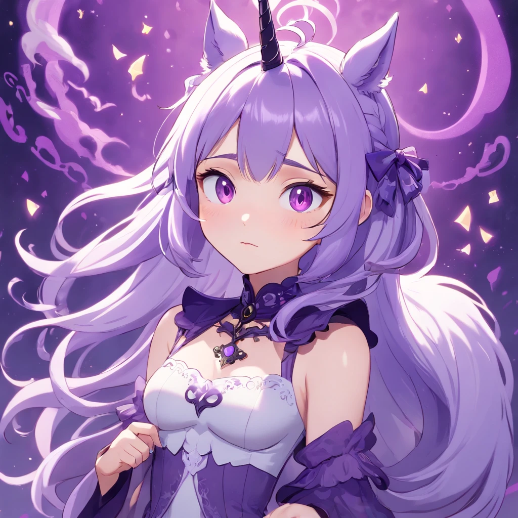 Anime female, pale skin, chibi character, purple and white hair, pastel color theme gothic undead background, magic purple swirls, pet unicorn, full body, 3D Image 