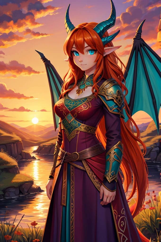 fantasy style art, realistic painting, oil painting in realism, beautiful Celtic dragon girl, European girl, long wavy bright orange hair, bright teal eyes, sparkling teal eyes looking at viewer, shapely body, skinny body, healthy body, purple and red warrior outfit, red clothes, 2 large orange dragon wings, orange dragon horns, on a hillside, sunset, high quality digital art, 2k, professional illustration