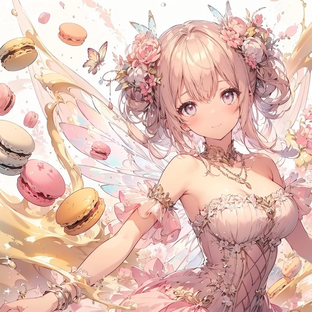 (Exquisite, beautiful, Very detailed, masterpiece, High resolution,high quality,High resolution),(Well-formed face,Soft and thin lines: 1.2, beautiful, Delicate and vivid illustrations with a mature and clear feel), In the background, there are delicious looking macaroons and a large amount of liquid whipped cream flowing, with a fairy smiling happily.,A fairy with beautiful fairy wings growing from her back, a macaron motif, a corset with lace, frills and ribbons, a pastel pink base with white and black, a frilly dress with an open neckline and knee-high socks.,She is wearing a tiara, necklace, earrings, bracelets, and long leather boots.,(There are delicious looking macarons in the background.),(A fair-skinned, short-browed, pale pink cheeks, plump pink lips, beautiful eyes, and a rather large, fluffy bust. A good-looking fairy.),Vivid colors, striking colors and dynamic angles,Dream Cute,