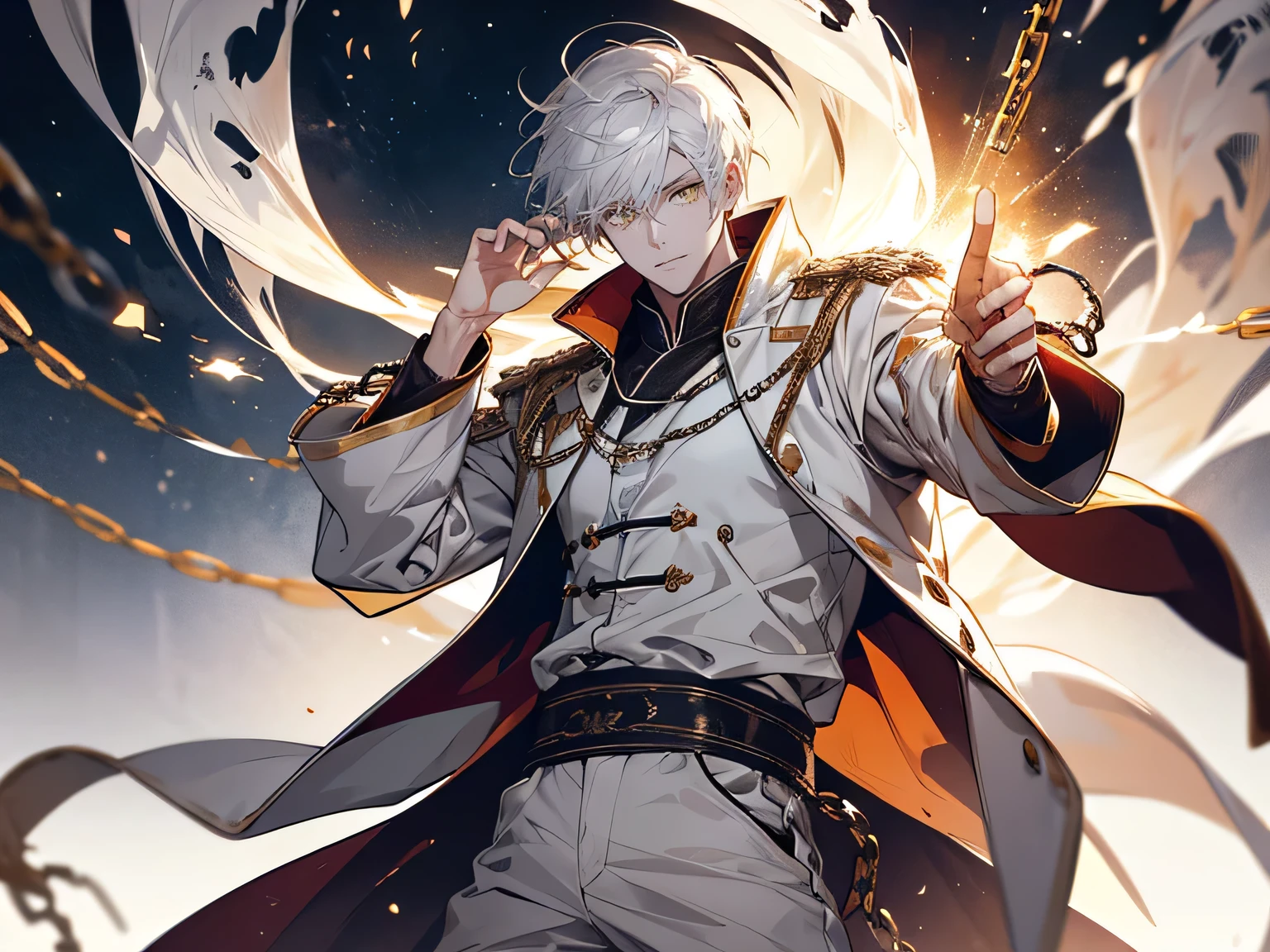 1 man, teacher, wearing a white leather jacket robe with chains, long white pants, white hair, short hair, face to detail, detailed eyes, yellow eyes, half white crown floating over his head, in a fighting pose, the background is space beings in china.
