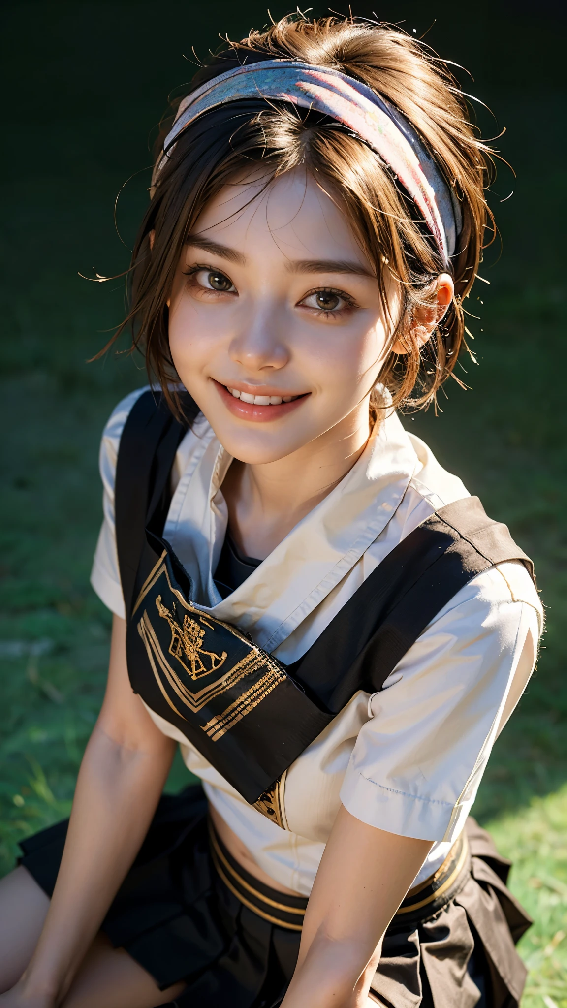 highest quality, masterpiece, Ultra-high resolution, (Realistic:1.4), (Facing portraits) RAW Photos, 1 girl, 20-year-old,((Miniskirt Uniform)),((short hair)),((Wear a bandana on your head)),((Looking up at the audience)),Realistic,((Simple solid color background)), Image Media Chest)),((Smiling with teeth showing)),