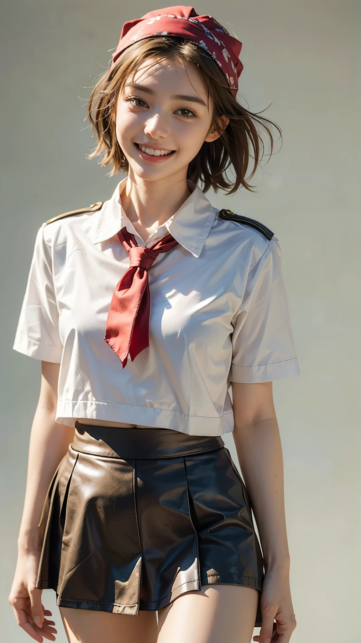 highest quality, masterpiece, Ultra-high resolution, (Realistic:1.4), (Facing portraits) RAW Photos, 1 girl, 20-year-old,((Miniskirt Uniform)),((short hair)),((Wear a bandana on your head)),((Looking up at the audience)),Realistic,((Simple solid color background)), Image Media Chest)),((Smiling with teeth showing)),