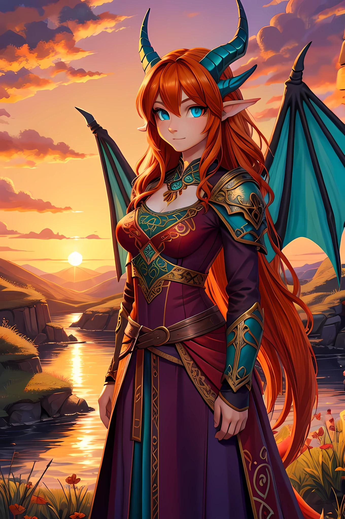 fantasy style art, realistic painting, oil painting in realism, beautiful Celtic dragon girl, European girl, long wavy bright orange hair, bright teal eyes, sparkling teal eyes looking at viewer, shapely body, skinny body, healthy body, purple and red warrior outfit, red clothes, 2 large orange dragon wings, orange dragon horns, on a hillside, sunset, high quality digital art, 2k, professional illustration