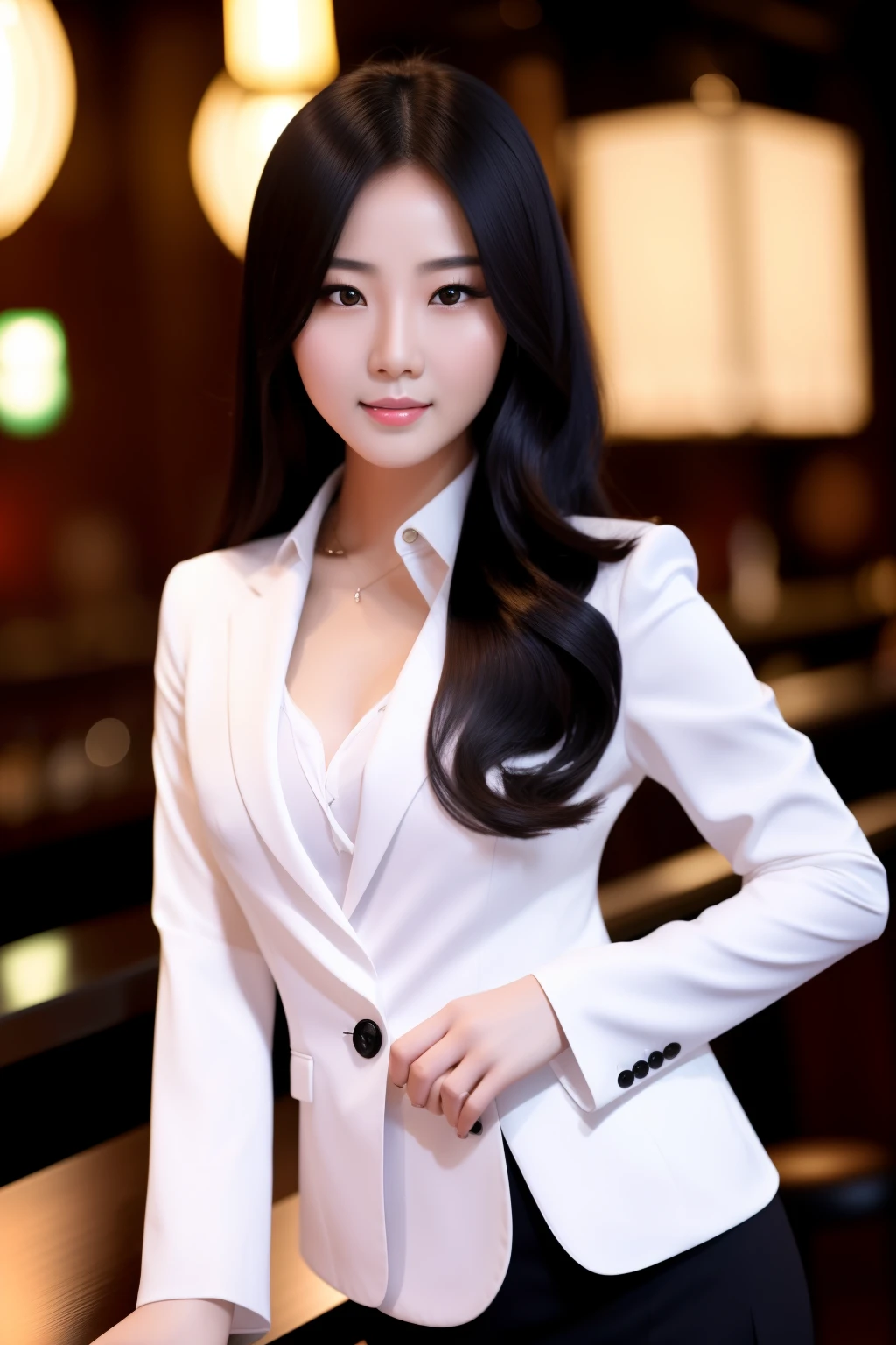 A young Chinese woman, with long, flowing black hair, reclines seductively on a lying silkworm stool in the dimly-lit background of a bustling bar. She wears a high-quality, ultra HD, black shirt, accentuated by a crisp white blazer, and her lips are painted a vibrant shade of pink. A soft blush tints her cheeks, adding to her youthful allure. The camera captures her in a candid moment, with a gaze that seems to beckon the viewer. The scene is set in a realistic, high-definition environment, reminiscent of a scene from a Douyin video. The sharp focus and volumetric