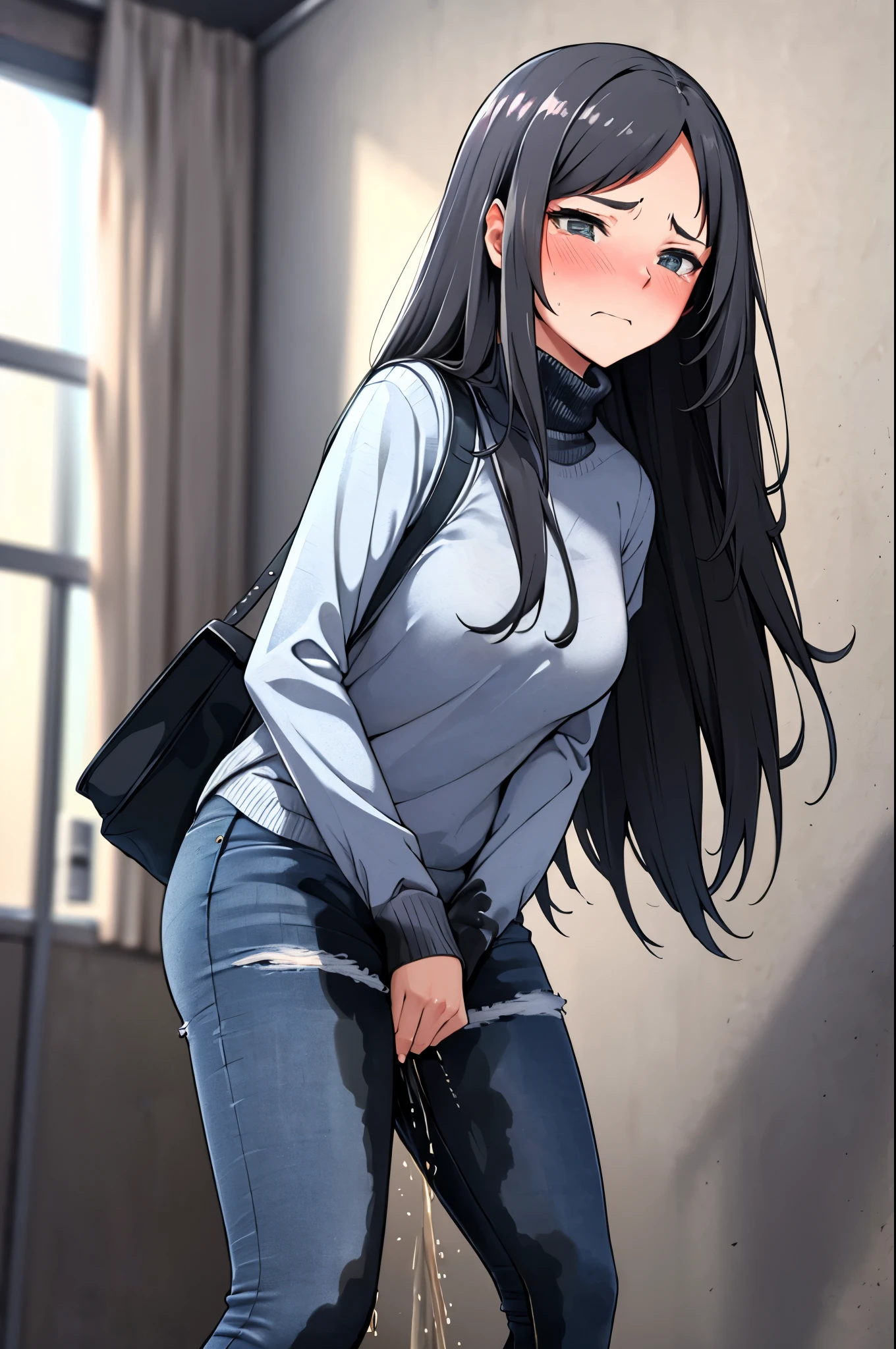 A woman with very long black hair, (very long hair:1.25) and (long bangs:1.5), wearing a stylish wool turtleneck sweater with jeans, long sleeves, (low-rise jeans:1.25), (low-cut jeans:1.25), standing. The artwork is inspired by manga and incorporates a doujin style. The woman appears to be (wetting herself:1.5), which causes her to feel embarrassed and humiliated, resulting in a blush on her face. In addition, there is an air of anger in her expression. The lighting in the scene is moody, with a spotlight highlighting the woman's figure, She has a very large pee stain that covers almost the entire front of her jeans., large breasts, skinny