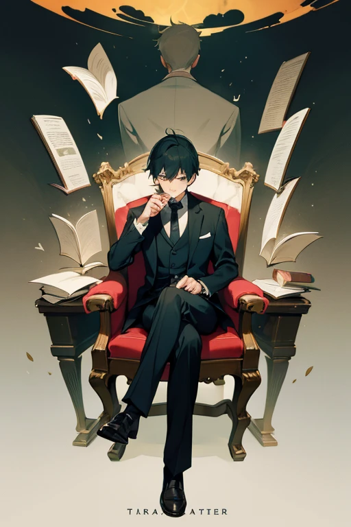create an anime style image of boy reading a book and he's dressing in a suit and drinking tea
