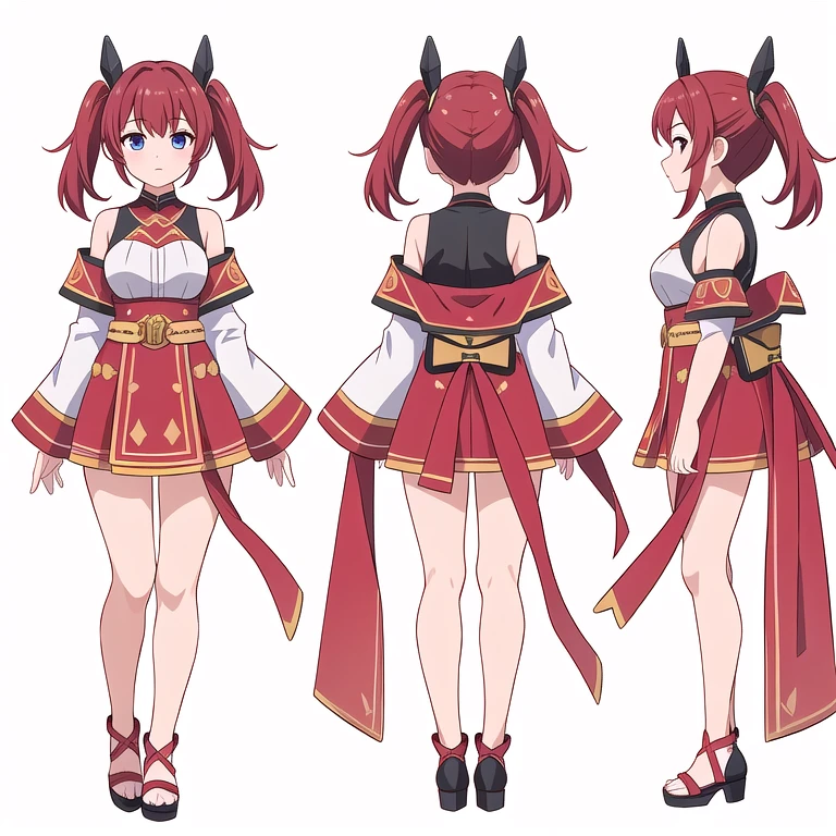((highest quality)), ((masterpiece)), ((realistic)) 19 years old, redhead girl, shoulder length hair, relaxed and happy face ((thin)) (Big breasts), ((( China dress))) (((mini skirt))) ((sexy dress)) Odango hairstyle, stand up and take off the heels of your shoes (((detailed character sheet, Front view, Side view, 3/4 view))) (((white background))) 6 and a half whole bodies