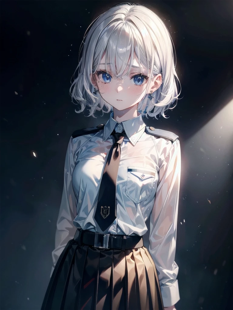 police officer uniform, skirt, collared shirt, absurdres, RAW photo, extremely delicate and beautiful, masterpiece, Best Quality, ultra high resolution, 32k, hyperrealistic, ultra-detailed, detailed description, pale skin, 20 years old, tearful mole, earring, short medium hair, wavy hair, whole body shot,