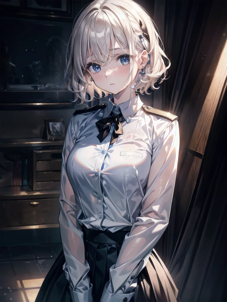 police officer uniform, skirt, collared shirt, absurdres, RAW photo, extremely delicate and beautiful, masterpiece, Best Quality, ultra high resolution, 32k, hyperrealistic, ultra-detailed, detailed description, pale skin, 20 years old, tearful mole, earring, short medium hair, wavy hair, whole body shot,