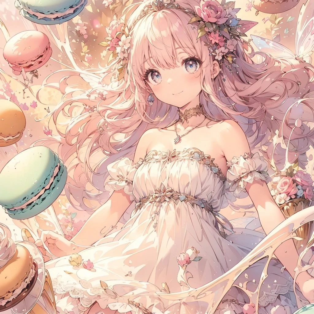 (Exquisite, beautiful, Very detailed, masterpiece, High resolution,high quality,High resolution),(Well-formed face,Soft and thin lines: 1.2, beautiful, Delicate and vivid illustrations with a mature and clear feel), In the background, there are delicious looking macaroons and a large amount of liquid whipped cream flowing, with a fairy smiling happily.,A fairy with beautiful fairy wings growing from her back, a macaron motif, a corset with lace, frills and ribbons, a pastel pink base with white and black, a frilly dress with an open neckline and knee-high socks.,She is wearing a tiara, necklace, earrings, bracelets, and long leather boots.,(There are delicious looking macarons in the background.),(A fair-skinned, short-browed, pale pink cheeks, plump pink lips, beautiful eyes, and a rather large, fluffy bust. A good-looking fairy.),Vivid colors, striking colors and dynamic angles,Dream Cute,