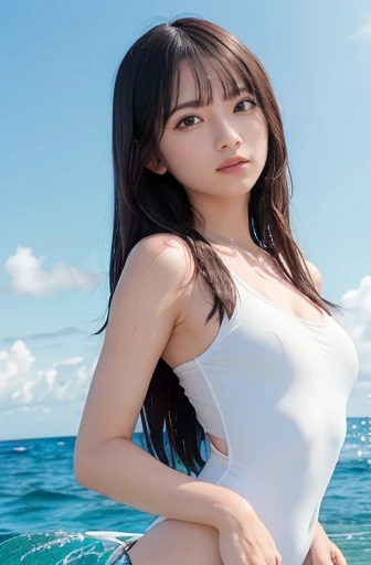 a lot of details, (slender waist), 30 years old, detailed black hair, beautiful detailed hair, super fucking beautiful, complex details beautiful and delicate eyes, perfect hands, (small breasts best quality), perfect and delicate limbs, detailed skin, best quality, ultra-detailed,
from below, female focus on, (A scene where people are enjoying surfing by riding the waves on a surfboard:1.2), (drenched:1.2), Fluttering long hair, laughing, one-piece swimsuit, half decorational vertical border in the middle cloth, (white Clothes), ocean, sparkle,