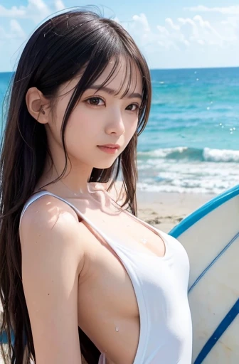 a lot of details, (slender waist), 30 years old, detailed black hair, beautiful detailed hair, super fucking beautiful, complex details beautiful and delicate eyes, perfect hands, (small breasts best quality), perfect and delicate limbs, detailed skin, best quality, ultra-detailed,
from below, female focus on, (A scene where people are enjoying surfing by riding the waves on a surfboard:1.2), (drenched:1.2), Fluttering long hair, laughing, one-piece swimsuit, half decorational vertical border in the middle cloth, (white Clothes), ocean, sparkle,
