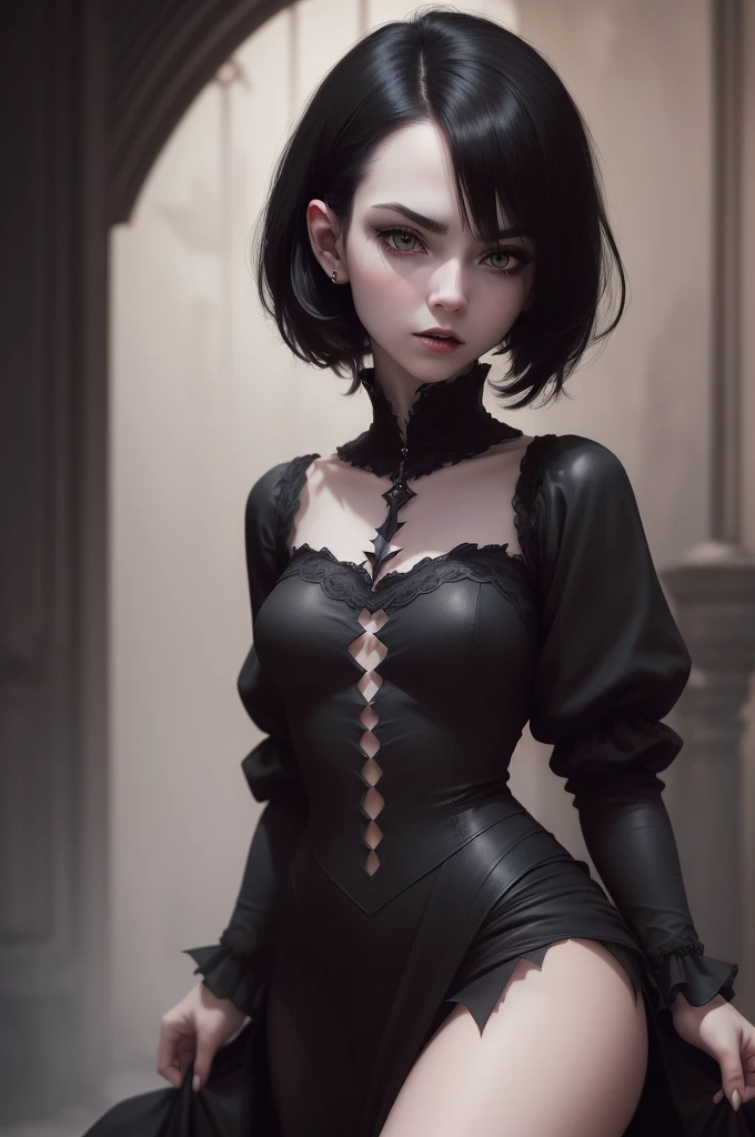 (high quality: 1.3), Cinematic shots, masterpiece, (Sharp focus: 1.5), (Realistic: 1.3), Medium portrait (Beautiful young vampire woman, Pale skin, Gothic, Still proud、Brave, Straight black short bob hair, Dark look, Wearing a very finely crafted dark tunic, Dark atmosphere, but、Sculpting shapes with sharp chiaroscuro), It&#39;s night, (Highly detailed skin), (Detailed face),  Detailed Background, Dim lighting, dusk lighting, Volumetric lighting, Intricate details, Ultra-high resolution,