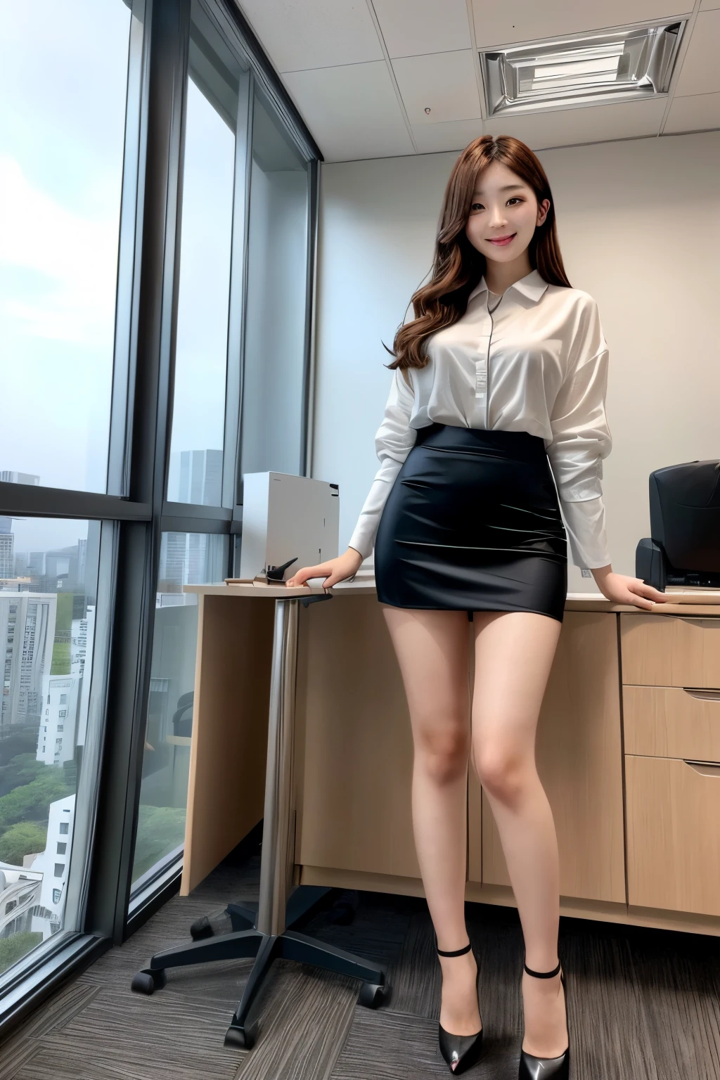 Inside an IT company office in a high-rise building、24-year-old OL、Tight mini skirt、Long legs、High heels、whole body、Very beautiful half-Japanese woman