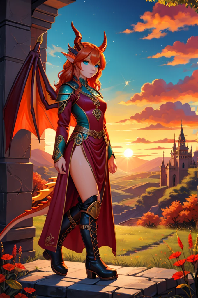 fantasy style art, realistic painting, oil painting in realism, beautiful Celtic dragon girl, European girl, long wavy bright orange hair, bright teal eyes, sparkling teal eyes looking at viewer, shapely body, skinny body, healthy body, purple and red warrior outfit, red clothes, 2 long red dress coattails hanging down her sides, short red front skirt, short yellow shorts, high leather boots, long draping red sleeves, 2 large orange dragon wings, orange dragon horns, on a hillside, sunset, high quality digital art, 2k, professional illustration
