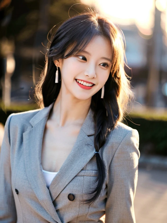 masterpiece, highest quality, High resolution,alone,Two-tone hair, Small earrings,Artistic,Best lighting,casual,Flat Chest,Beautiful Face,expensive,smile,light makeup,natural,24-years-old,Calm woman,Hair blowing in the wind,Blurred Background,Face Focus,Detailed Hair,A woman laughing,Woman in a suit,Cafe,Woman with her hair tied up,Forehead