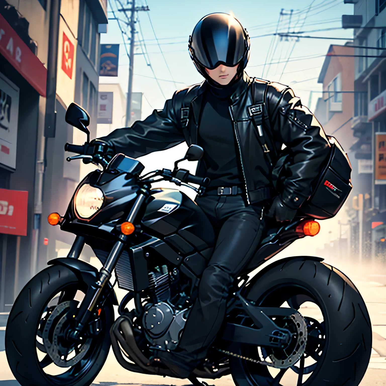 Motorcycle, full-face helmet, black clothes, black pants 