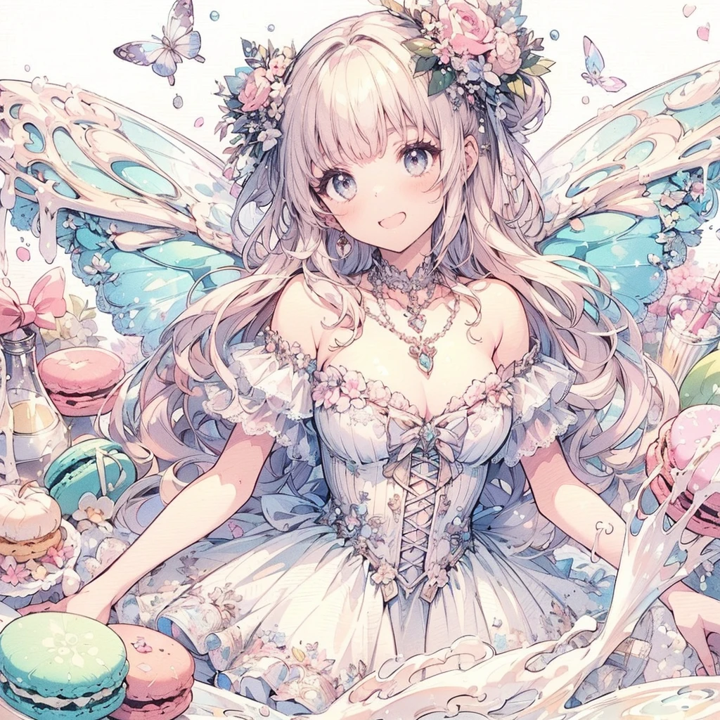 (Exquisite, beautiful, Very detailed, masterpiece, High resolution,high quality,High resolution),(Well-formed face,Soft and thin lines: 1.2, beautiful, Delicate and vivid illustrations with a mature and clear feel), In the background, there are delicious looking macaroons and a large amount of liquid whipped cream flowing, with a fairy smiling happily.,A fairy with beautiful fairy wings growing from her back, a macaron motif, a corset with lace, frills and ribbons, a pastel pink base with white and black, a frilly dress with an open neckline and knee-high socks.,She is wearing a tiara, necklace, earrings, bracelets, and long leather boots.,(There are delicious looking macarons in the background.),(A fair-skinned, short-browed, pale pink cheeks, plump pink lips, beautiful eyes, and a rather large, fluffy bust. A good-looking fairy.),Vivid colors, striking colors and dynamic angles,Dream Cute,