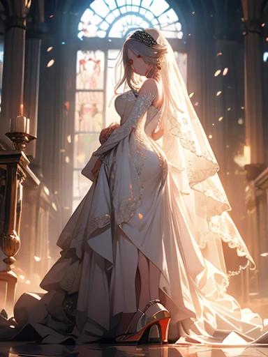 1girl, long white hair messy hair, runny makeup, wedding dress, long dress, cross earrings, black heels, detached sleeves, veil, frowning
