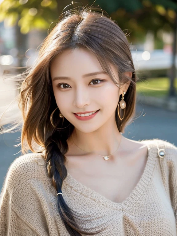 masterpiece, highest quality, High resolution,alone,Two-tone hair, Small earrings,Artistic,Best lighting,casual,Flat Chest,Beautiful Face,expensive,smile,light makeup,natural,24-years-old,Calm woman,Hair blowing in the wind,Blurred Background,Face Focus,Detailed Hair,A woman laughing,Woman in beige knitwear,Cafe,Woman with her hair tied up,Forehead