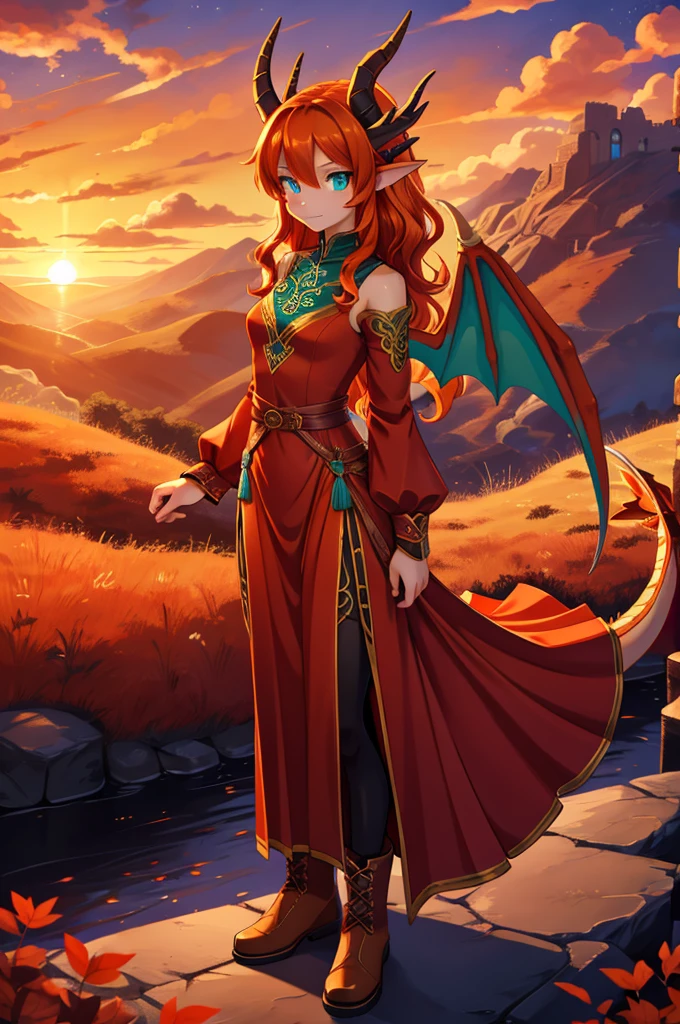 anime style art, fantasy style art, beautiful Celtic dragon girl, European girl, long wavy bright orange hair, bright teal eyes, sparkling teal eyes looking at viewer, shapely body, skinny body, healthy body, purple and red warrior outfit, red clothes, 2 long red dress coattails hanging down her sides, short red dress flap in the front, yellow-orange colored tights, high brown leather boots, long draping red sleeves, 2 large orange dragon wings, orange dragon horns, on a hillside, sunset, high quality digital art, 2k, professional illustration