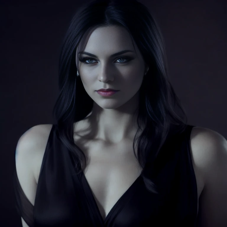 A stunning intricate full color portrait of Stoya as Shelob, pale skin, black hair, wearing a black gown, deep cleavage,, seductive, portrait, by ilya kuvshinov, alessio albi, nina masic, sharp focus, natural lighting, subsurface scattering, f2, 35mm, film grain, woStoya