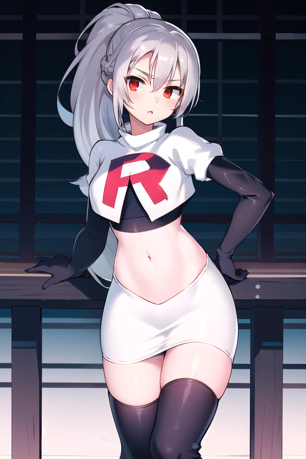 1girl, tina, best quality, long ponytail, silver hair, red eyes, highly detailed, team rocket,team rocket uniform,white skirt,red letter R,crop top,black thigh-highs,black elbow gloves