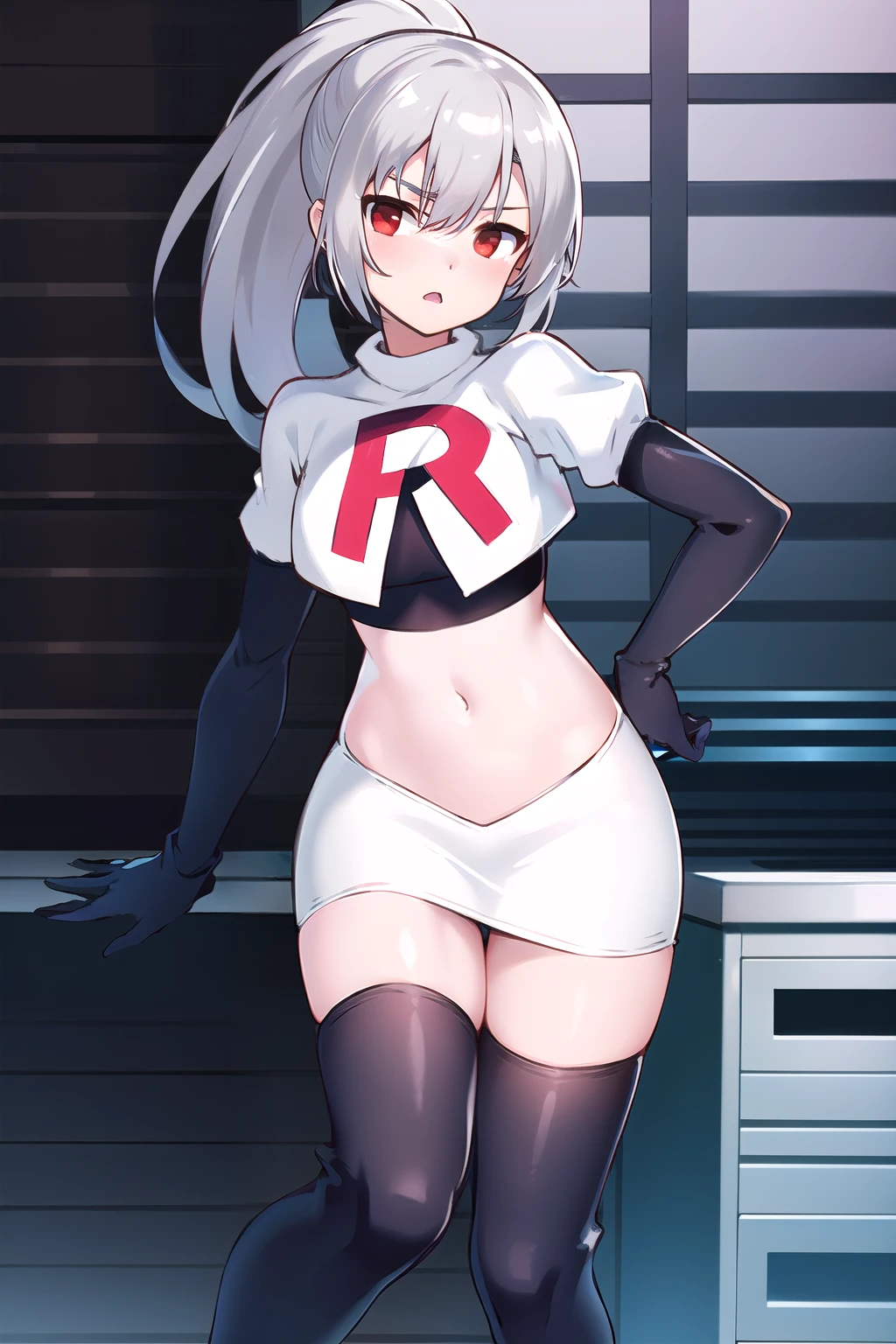 1girl, tina, best quality, long ponytail, silver hair, red eyes, highly detailed, team rocket,team rocket uniform,white skirt,red letter R,crop top,black thigh-highs,black elbow gloves
