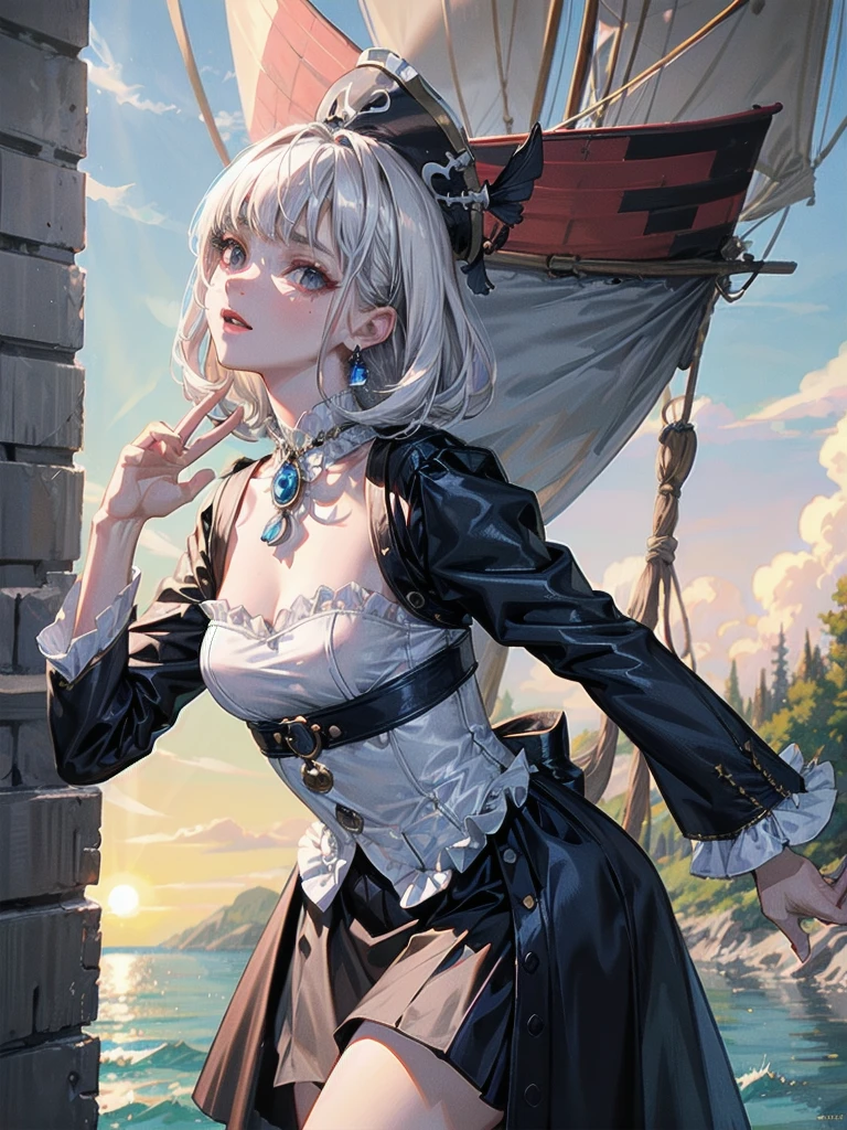 Practical pirate clothing, Long-sleeved pirate top, Skirt, absurdres, RAW photo, extremely delicate and beautiful, masterpiece, Best Quality, ultra high resolution, 32k, hyperrealistic, ultra-detailed, detailed description, pale skin, 20 years old, tearful mole, earring, short medium hair, wavy hair, whole body shot,
